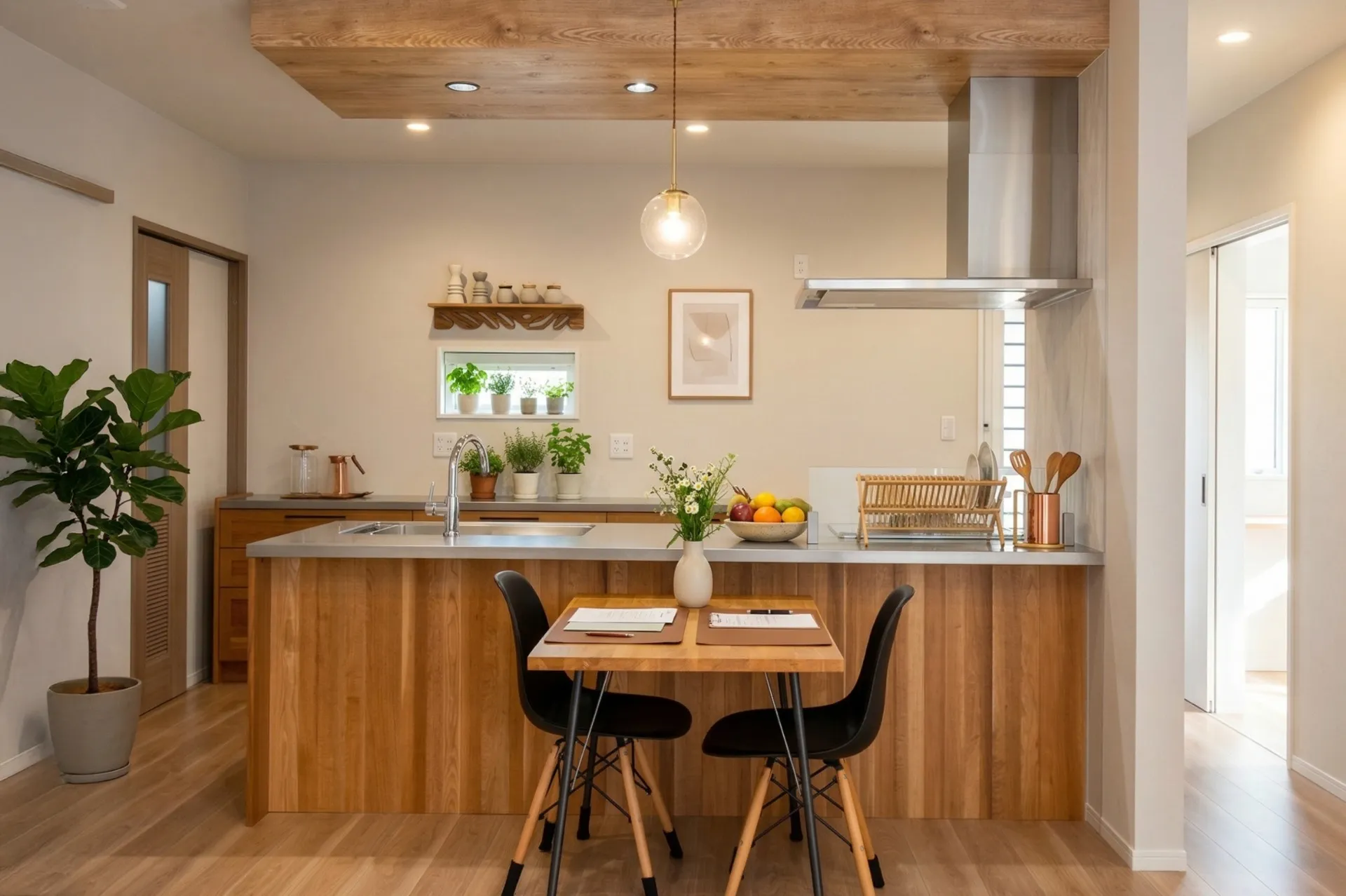 木の温もりに包まれる、すっきりとした対面キッチン